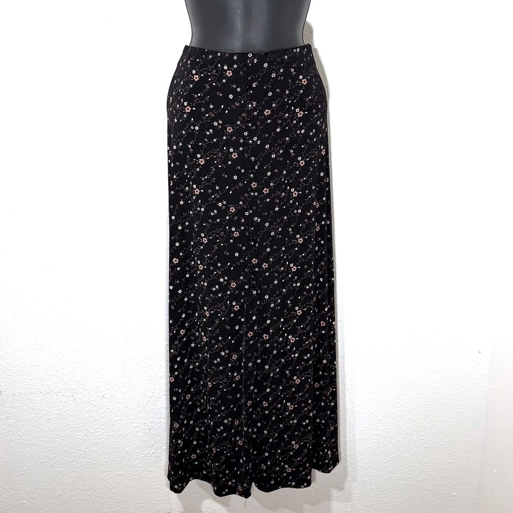 VTG Floral Maxi Skirt Black Pink Beige Button Dark Fairy Whimsygoth Women L Ps - Picture 4 of 11